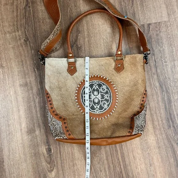 Myra Bag Brown Cow Hide Leather Turquoise Boho Western Large Crossbody Tote - Picture 10 of 14